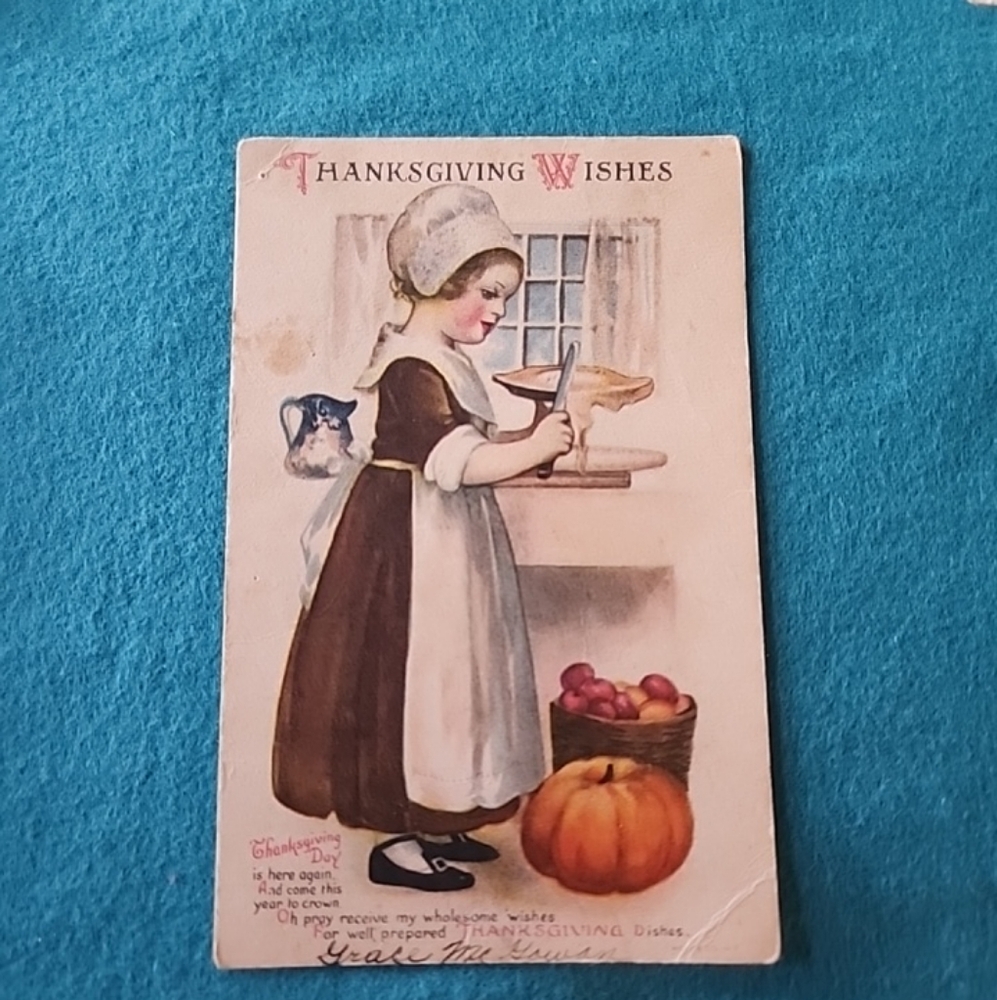 Antique Thanksgiving Postcard with Pilgrim Illustration